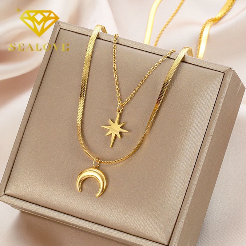 Kalung Titanium Anti Karat Bulan Bintang Emas 18K Cantik Mewah Korea Rantai Belut Aksesoris Wanita Perhiasan