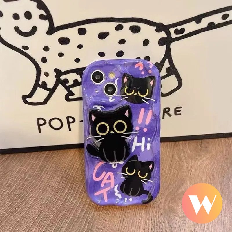 IPHONE Casing Tepi Melengkung Bergelombang 3D Kompatibel Untuk Iphone13 11 12 14 Pro Max7 8 6 6s Plus X XS Max SE 2020xr Lovely Kartun Kucing Lucu Dengan Ponsel Hloder Stand Bracket Soft Case Cover