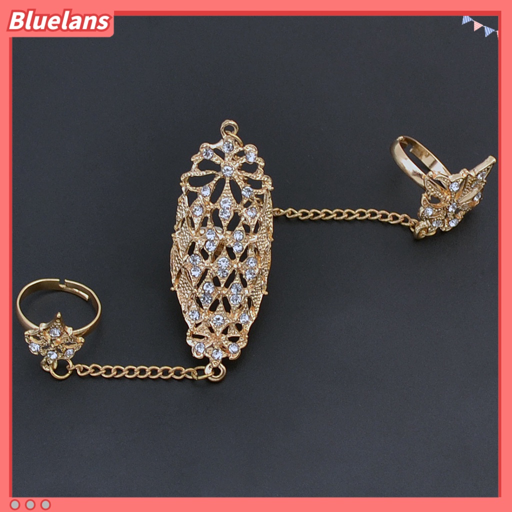 [BLS] Cincin Pembukaan Berlian Imitasi Tertanam Alloy Warna Emas Berlubang-out Leaf Dual Finger Chain Ring Untuk Pacaran