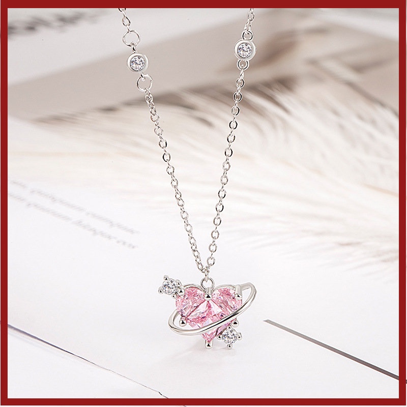 S925 Perak Pink Berlian Love Kalung Cahaya Mewah Manis Pink Planet Ornamen U1753