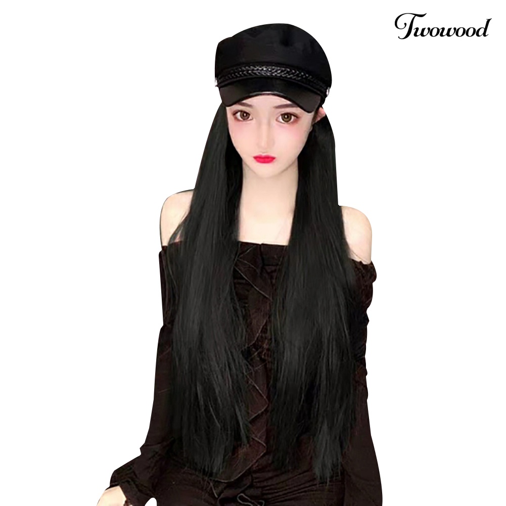 Twowood Wanita Fashion Rambut Palsu Panjang Gelombang Lurus Hairpiece Hair Extension Dengan Topi Berujung