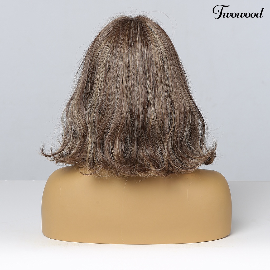 Twowood Wig Warna Gradasi Tahan Panas Coklat Wanita Berbulu Sopak Pendek Dengan Poni Untuk Pesta