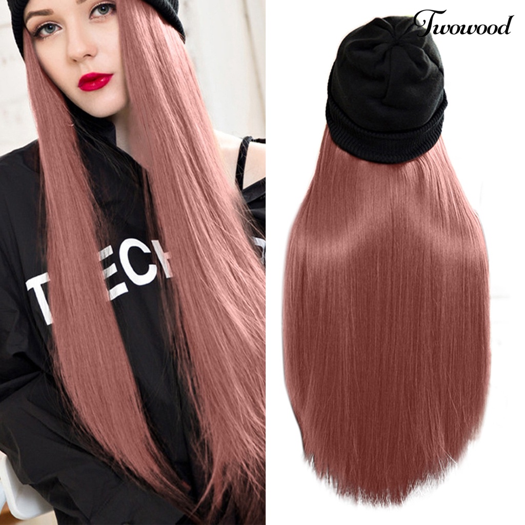 Twowood Wanita Wig Bahan Mesh Dalam Halus Dengan Topi Beanies Hat Wig Rajut Lurus Untuk Perempuan