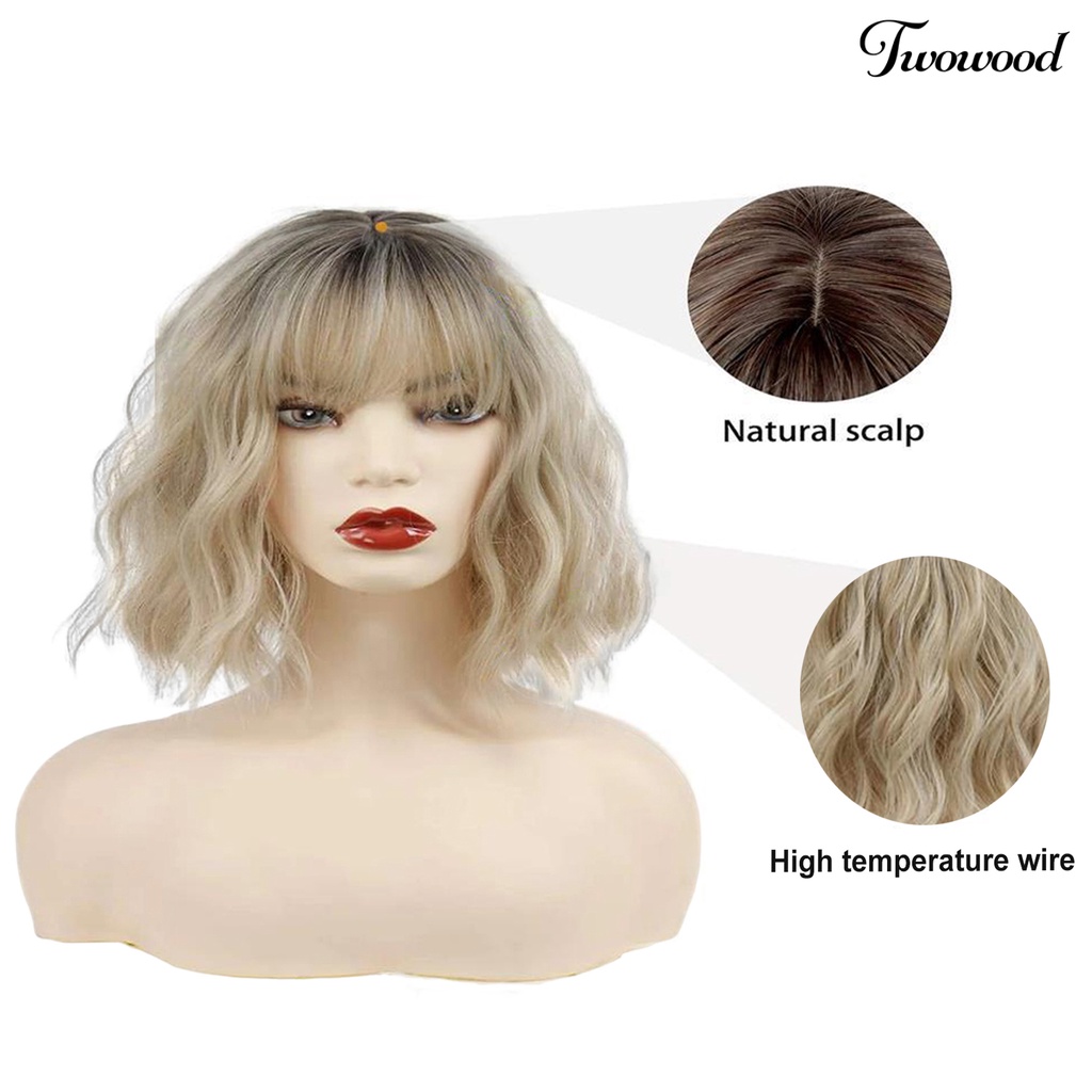 Twowood Water Ripple Wig Fashion Lembut Berbulu Mudah Dipakai Tahan Panas Alat Kosmetik Suhu Tinggi Silk Air Bangs Curly Wig Rambut Pendek Untuk Kehidupan Sehari-Hari