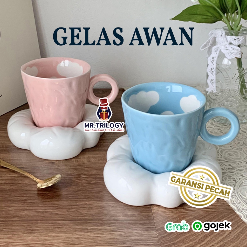 Mug Keramik Cangkir Teh Piring Kecil Tatakan Awan Gelas Estetik Kopi Susu