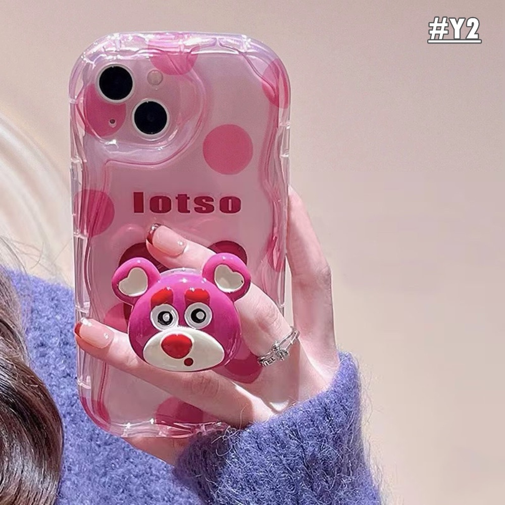 Redmi Note12 Pro Note 11 Note11S Poco C40 Redmi10 10C 10A 9C 9A 9T Note10 Note9 Note8 Poco M3 Pro X3 NFC Redmi A1 A2 Cute Strawberry Bear Manyo Bracket Wavy Edge Back Soft Case