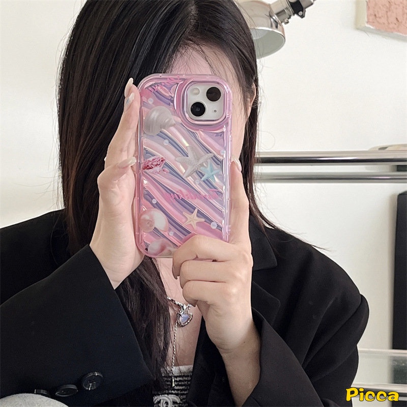 IPHONE Fantasy Case Kartu Aser Huruf Cinta Bintang Laut Shell Mutiara Kompatibel Untuk Iphone7 8 6 6S Plus XR 11 13 14 12 Pro MAX X XS MAX SE 2020mewah Dazzle Color 3D Stereo Corrugation Case