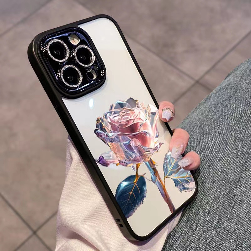 IPHONE Bling Glitter Pelindung Kaca Lensa Kamera Es Ukir Mawar Ponsel Transparan Case Cover Pelindung Untuk Iphone11 12 13 14 PLUS PRO MAX