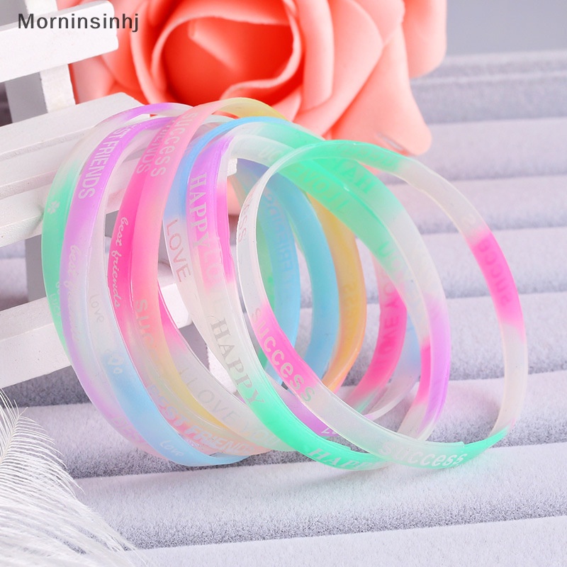 Mornin 10 Pcs Bercahaya Gelang Silikon Permen Berwarna Gerakan Huruf Gelang Fashion Pring Karet Pergelangan Tangan Tali Perhiasan Hadiah id