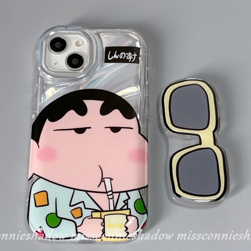 Kartun Case Kompatibel Untuk IPhone14 13 11 12 Pro Max6 8 6S Plus X XR 7Plus XS MAX SE 2020pakai Kacamata Hitam Crayon Shin-Chan Kreatif Kartu 3D Stereo Corrugation Cover