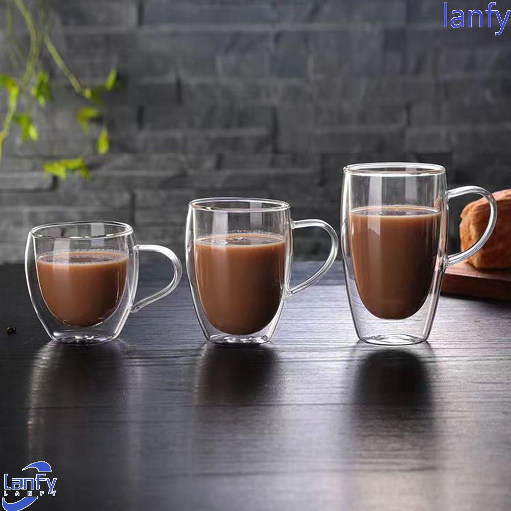 Lanfy Insulated Glass Cup Gelas Tahan Panas Sarapan Dinding Ganda Untuk Jus Susu Perlengkapan Minum Dapur Dengan Pegangan Gelas Cangkir Teh