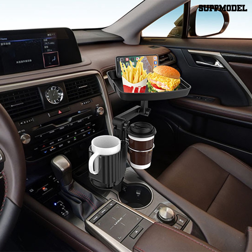 [SM] Car Cup Holder Tray Dual Slot 360derajat Rotatable Adjustable Universal Phone Support Otomotif Tempat Gelas Kopi Nampan Makanan Meja Aksesoris Mobil