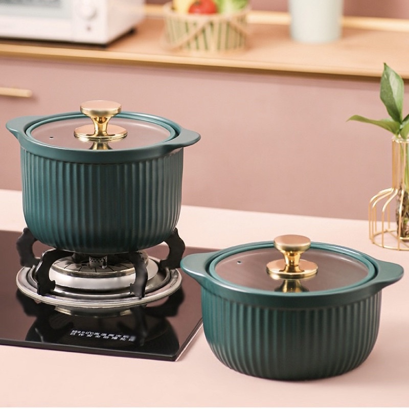 dazzling panci keramik tutup kaca warna hijau emas