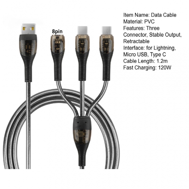 Kabel Data Transparan 120W Pengisian Super Cepat Satu Derek Tiga Kabel Data Untuk iPhone Android Phone Charging Cable