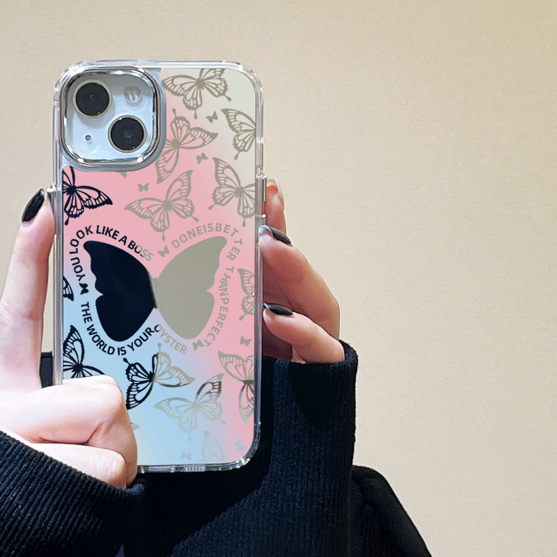 IPHONE Biru Pink Smudged Butterfly Mirror Phone Case Kompatibel Untuk Iphone11 12 13 14 12Pro 13Pro 14Pro Pro Max XR X XS Max Electroplating Tombol Perlindungan Mirror Cover