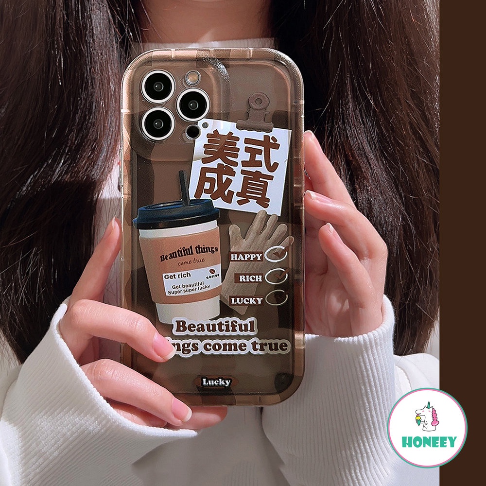 Korea INS Coffee Transparan Phone Case Kompatibel Untuk iPhone 14 Pro Max Case iPhone 11 12 13promax 14plus Fashion Air Cushion Shockproof Back Cover