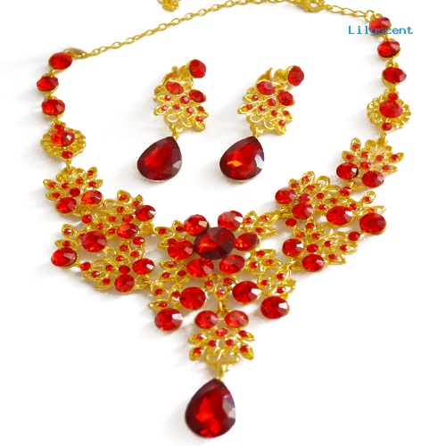 [LS]Bridal Pesta Pernikahan Merah Warna Emas Paduan Liontin Kalung Anting Set