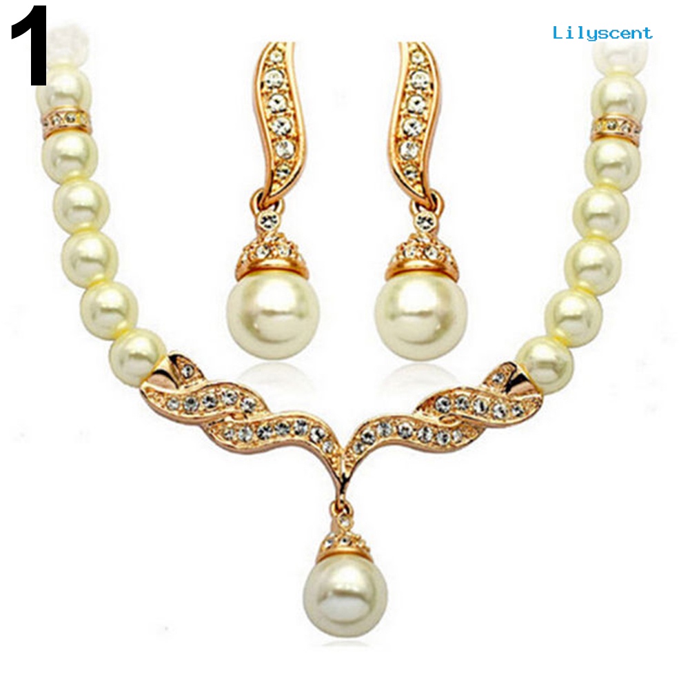 [LS]Bridal Wanita Kalung Mutiara Imitasi Berlian Imitasi Charms Pernikahan Anting Set Perhiasan