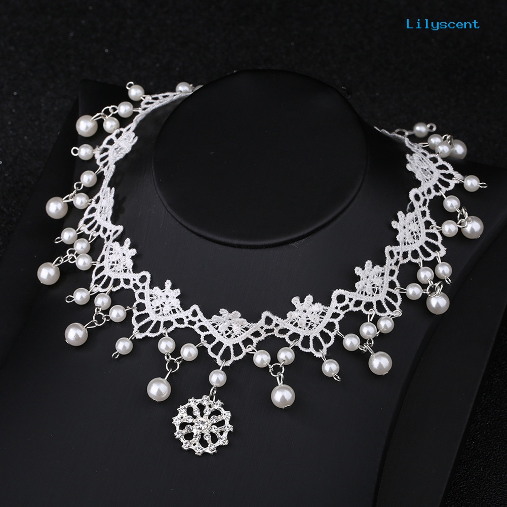 [LS]Wanita Mutiara Imitasi Cubic Zirconia Hias Liontin Renda Choker Kalung Hiasan Kepala