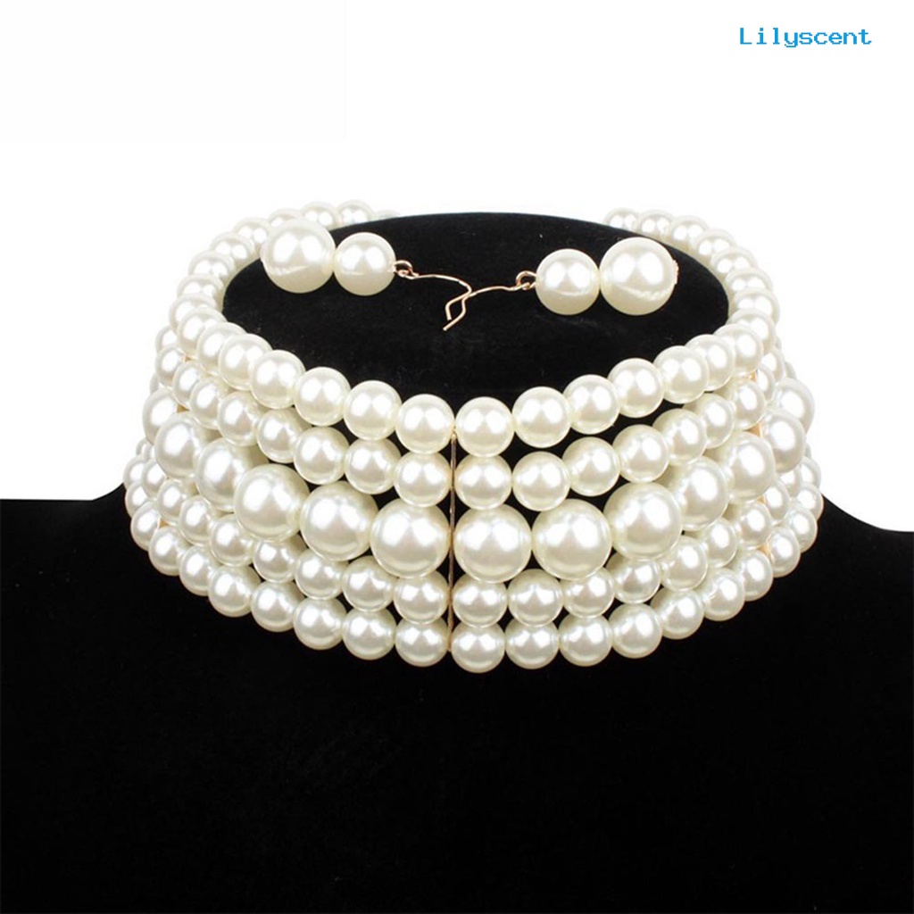 [LS] Set Perhiasan Pengantin Berlebihan Temperamen Multi-layer Manik-Manik Mutiara Imitasi Hias Hadiah Wanita Kalung Pendek Anting Set Aksesoris Gaun