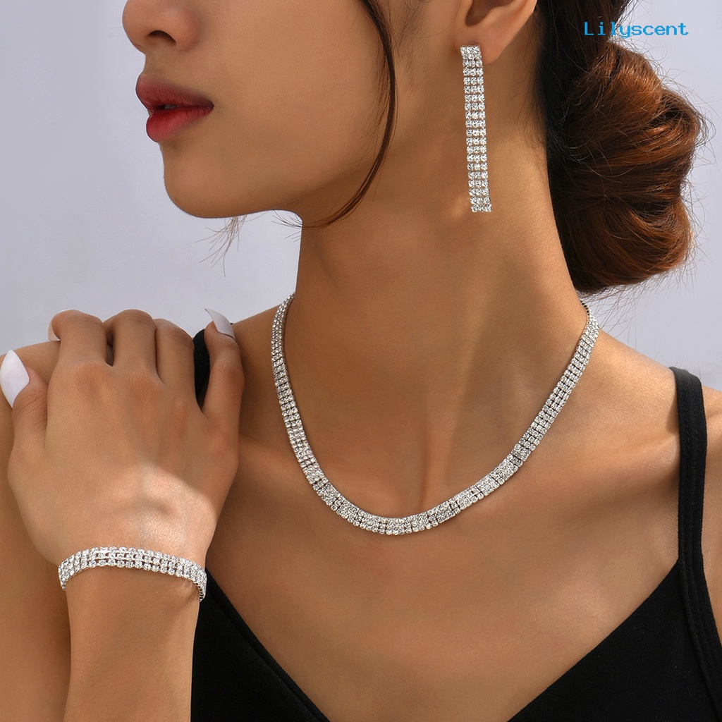 [LS]1 Set Wanita Kalung Elegan Cantik Mewah Dapat Disesuaikan Berkilau Berlian Imitasi Menjuntai Anting Gelang Kit Fashion Perhiasan