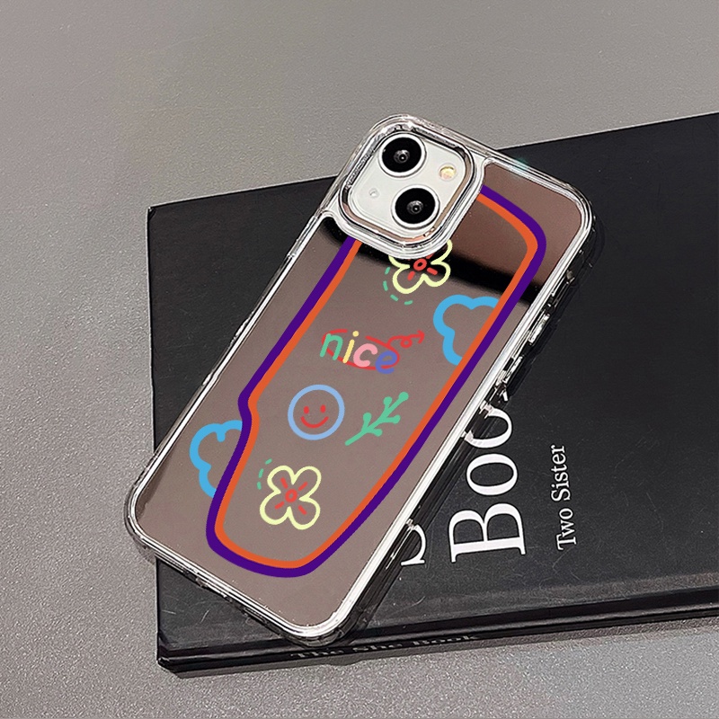 IPHONE Casing Ponsel Cermin Graffiti Kompatibel Untuk Iphone11 12 13 14 12Pro 13Pro 14Pro Pro Max XR X XS Max Electroplating Tombol Perlindungan Mirror Cover