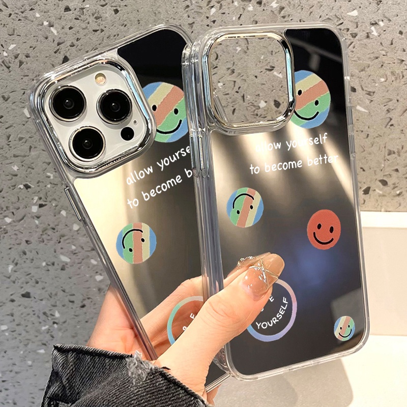 IPHONE Case Ponsel Cermin Wajah Smile Kompatibel Untuk Iphone11 12 13 14 12Pro 13Pro 14Pro Pro Max XR X XS Max Electroplating Tombol Perlindungan Mirror Cover