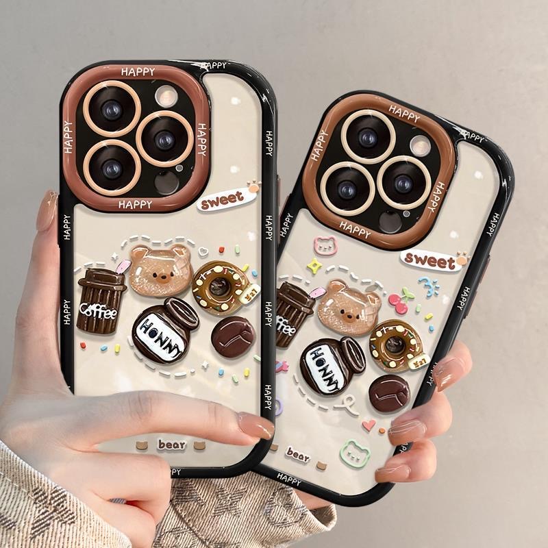 Stereoscopic Doll Puff Crystal Coffee Bear Silicone SoftCase IPhone XR XS Max 11 12 13 14 Pro Max 14 Plus Girl Woman's Fashion Pretty Cute Phone Case