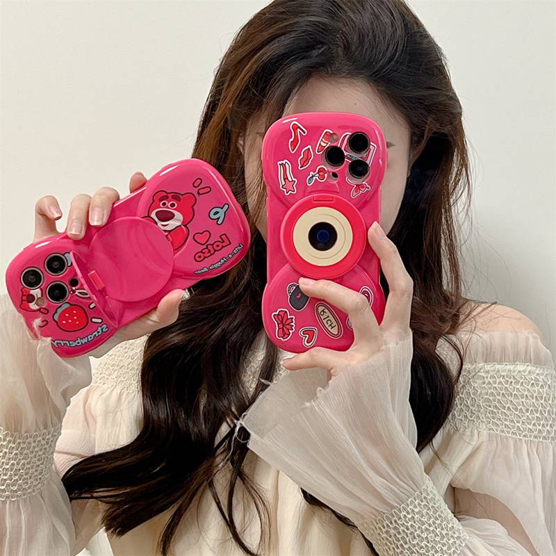 【Bow Mirror】So Cute Pink Lotso Strawberry Bear Silicone SoftCase IPhone 11 12 13 14 Pro Max Women's Fashion Gift Phone Case Brand Gift Pink Makeup