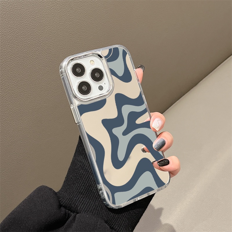 IPHONE Art Grey Blue Painting Mirror Phone Case Kompatibel Untuk Iphone11 12 13 14 12Pro 13Pro 14Pro Pro Max XR X XS Max Electroplating Tombol Perlindungan Mirror Cover