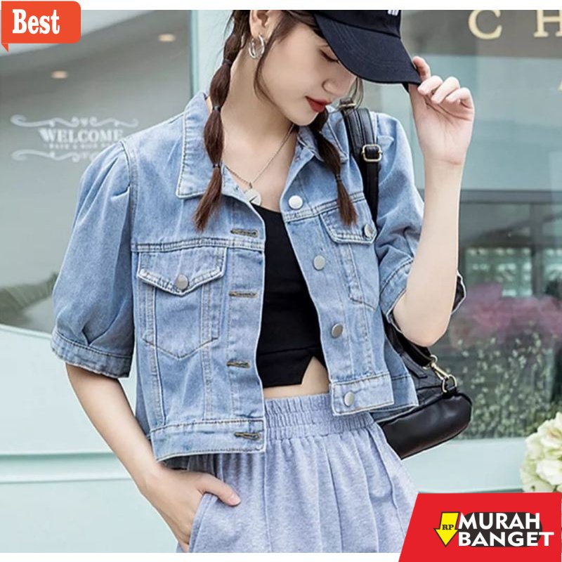 Jaket denim wanita terbaru- JAKET JEANS CROP WANITA LENGAN BALON