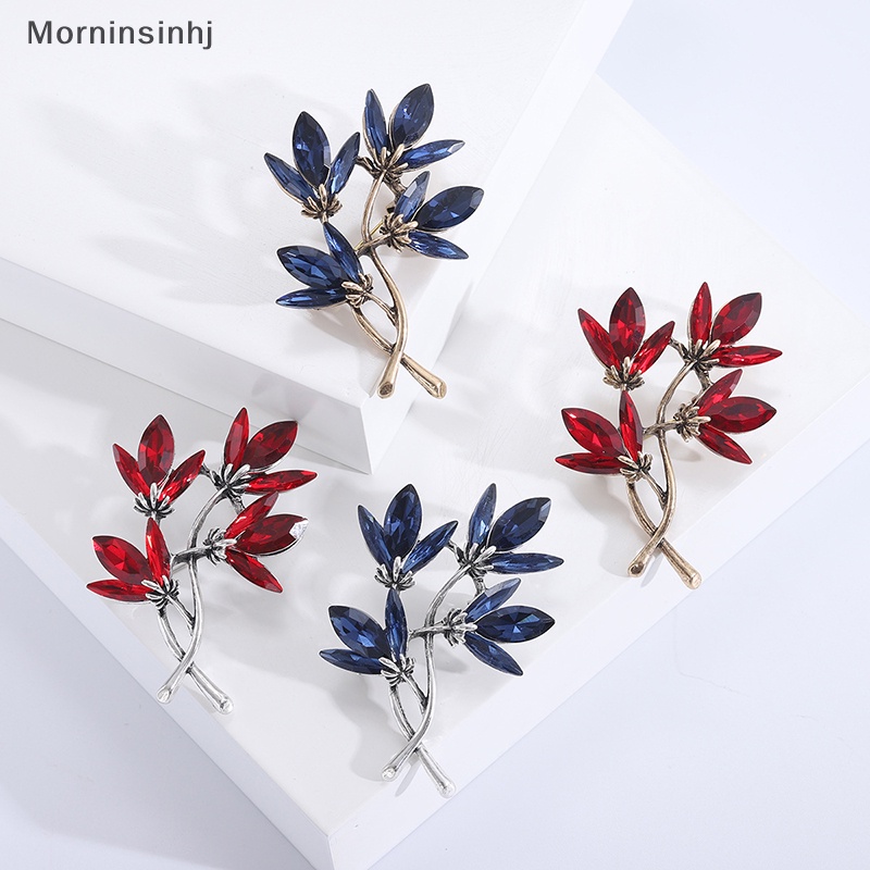 Mornin Biru/Red Sparlking Rhinestones Bros Pin Bunga Wanita Fashion Bros Daun Lencana Trendi Perhiasan Hadiah id