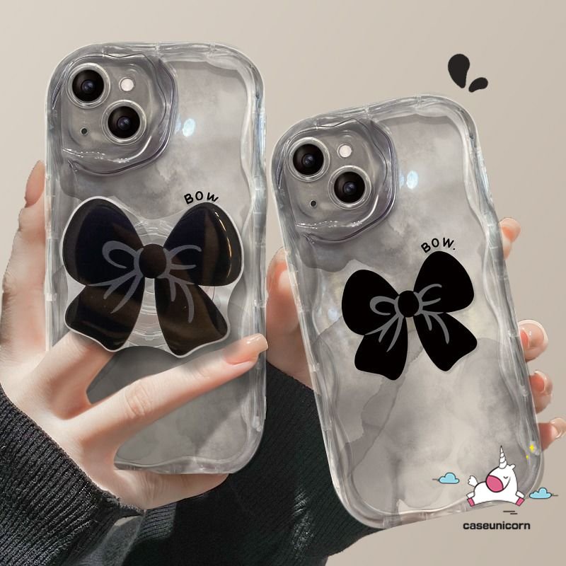 Case Tinta Seni Tepi Melengkung Bergelombang 3D Kompatibel Untuk iPhone 7Plus 11 13 XR 14 12 Pro Max8 7 6 6s Plus X XS Max SE 2020ikatan Lucu Penutup Belakang Simpul Dengan Bracket Phone Stand