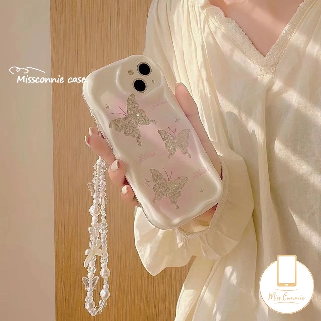 Casing Tepi Melengkung Bergelombang 3D Untuk Redmi 10C A1 A2 9 9A 9T 10 10A 9C NFC Redmi Note10 8 9 11 10s 11s 12 10 Pro Max POCO M3 Glitter Fantasy Butterfly Case Dengan Lanyard Rantai Mutiara