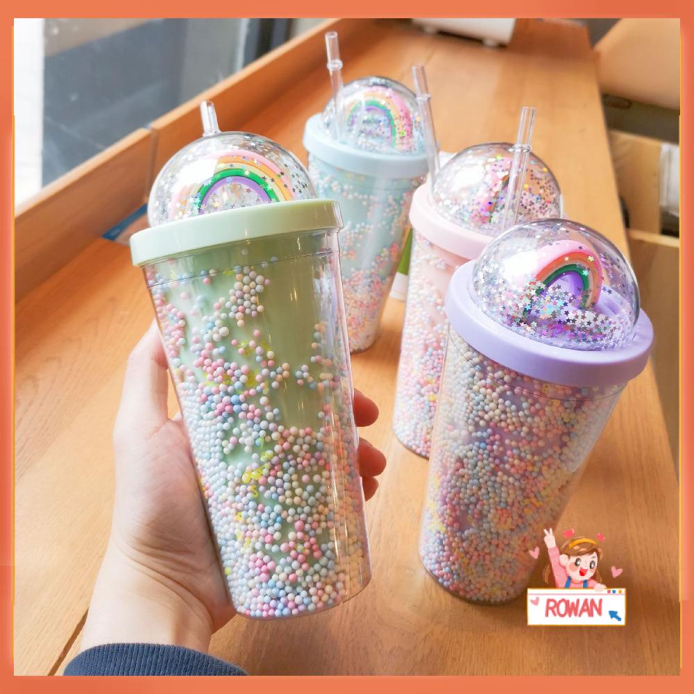 R-FLOWER Gelas Air 550ML Jus Kopi Manik Warna Warni Plastik Sippy Cup Rainbow