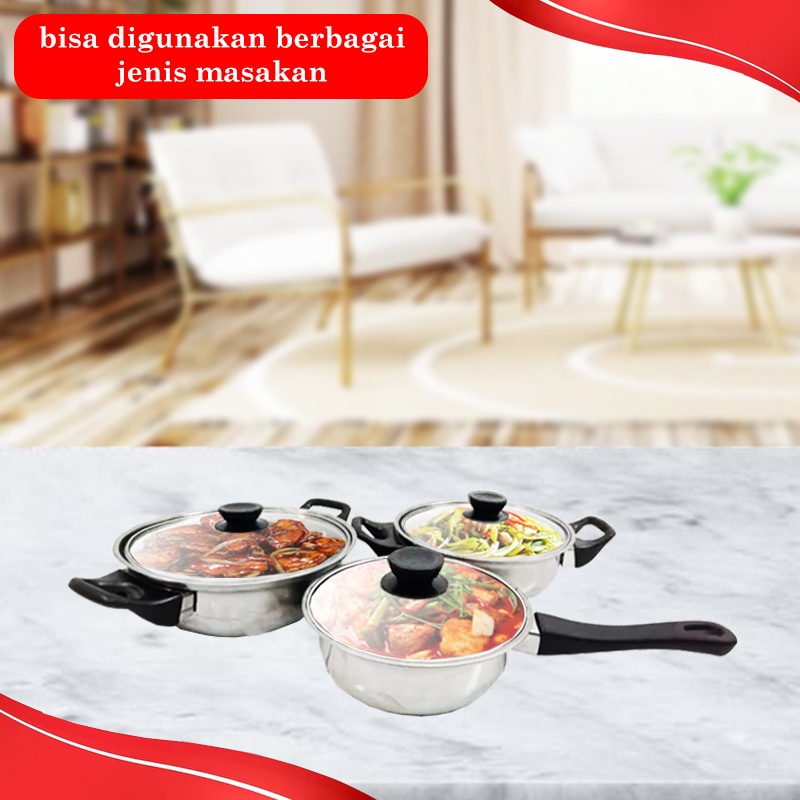 Panci Susu Set 3 Pcs Telfon Stainless Steel 16,18,20cm