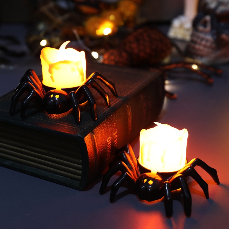 Lampu lilin Spider labu Halloween / lampu lilin hias tanpa api LED / lampu teh elektronik dioperasikan baterai / alat peraga suasana Horror seram / dekorasi pesta Halloween