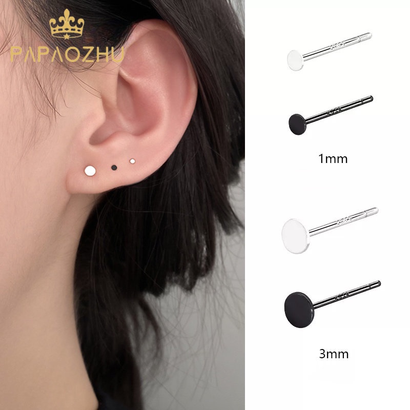 Papaozhu Punk S925 Perak Kecil Disc Stud Earring Untuk Wanita Pria Sederhana Mini Hitam Anting Bulat Keren Telinga Aksesoris Sehari-Hari