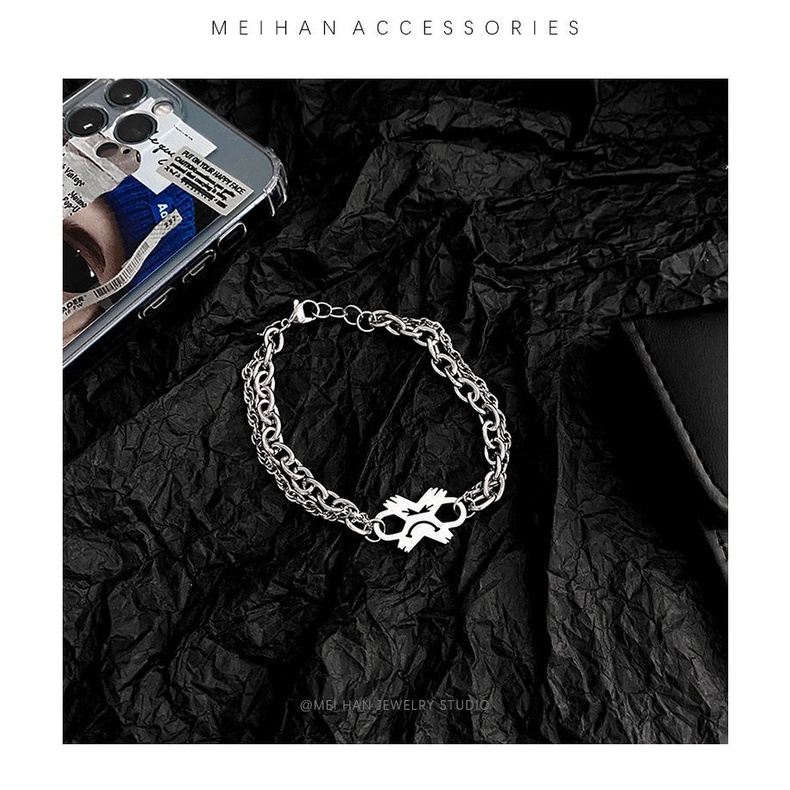 Baja Titanium Ekspresi Wajah Menangis Double-Layer Gelang Laki-Laki ins Trendi Hip-Hop Niche Desain Gelang Sederhana All-Ma