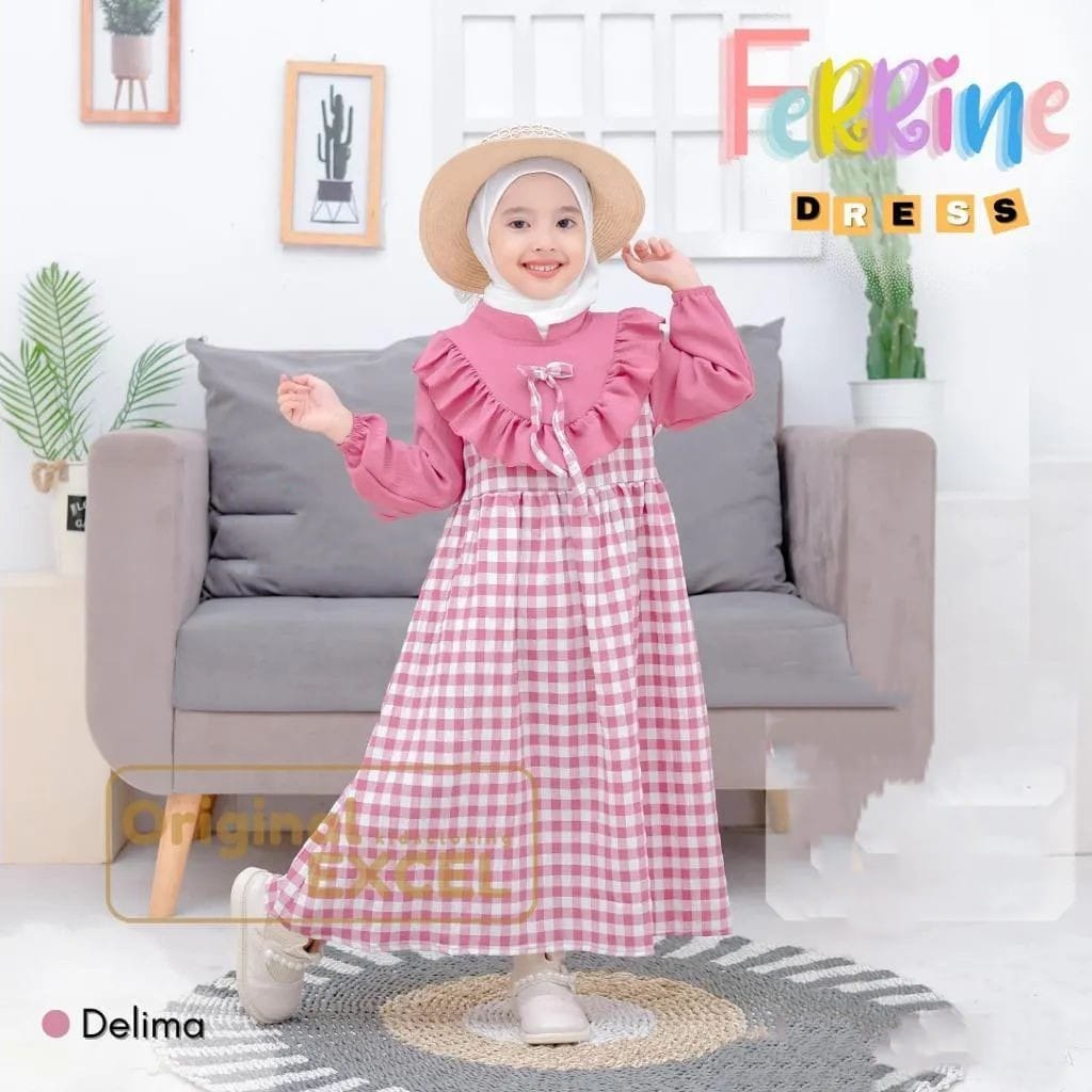 Ferrine Kids Gamis Muslim Matt Cringkle Mix Katun Kotak Size 9-12 Tahun Dress Anak Perempuan Tanggung