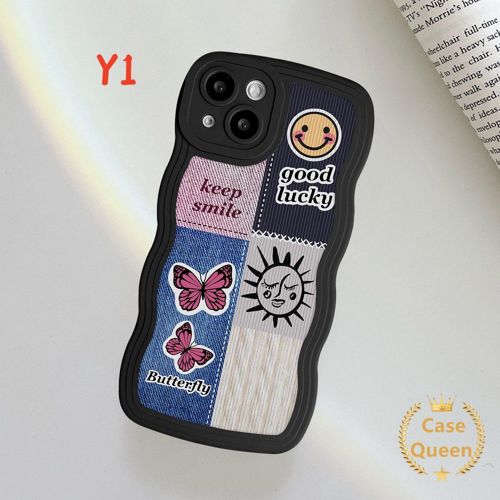 Houndstooth Diamond Pattern Lattice Splicing Flower Case Untuk Redmi 9C NFC A1 10A 12C 10C 9A 9C 10 9 9T Note9 10S 8 10 11 11s Lembut Bergelombang Tepi Pola Kupu-Kupu Splicing Penutup Senyum