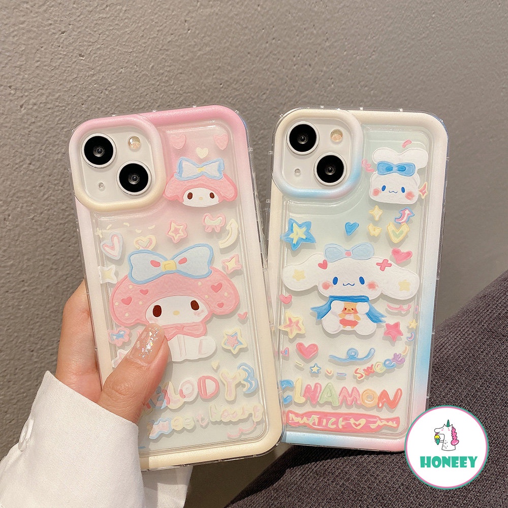 Casing Ponsel Melody Kartun Lucu Kompatibel Untuk iPhone 14 Pro 13 12 11 Pro Max XR XS 8 7Plus Bingkai Gradien Lembut Anti-Shock Air Cushion Back Cover