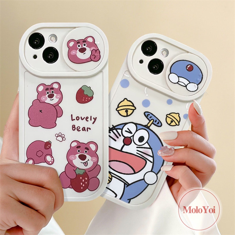 Push Pull Window Lovely Doraemon Funny Dinosaur Camera Lens Protector Case Compatible for IPhone 7Plus XR X XS Max 11 13 12 Pro Max 8Plus Strawberry Bear Lotso Cartoon Cover