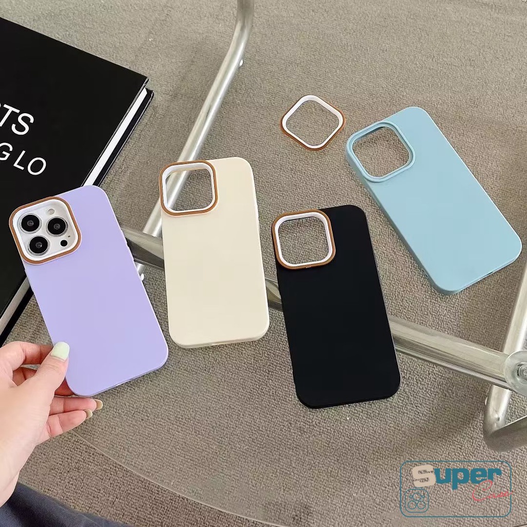 Simple Macaron Color Solid Color Phone Case Compatible for IPhone XR 7Plus 14 11 13 12 Pro Max 8Plus X XS MAX 7 8 Plus Luxury Skin Feel Anti-Fall Simple Metal Lens Frame Hard Cover