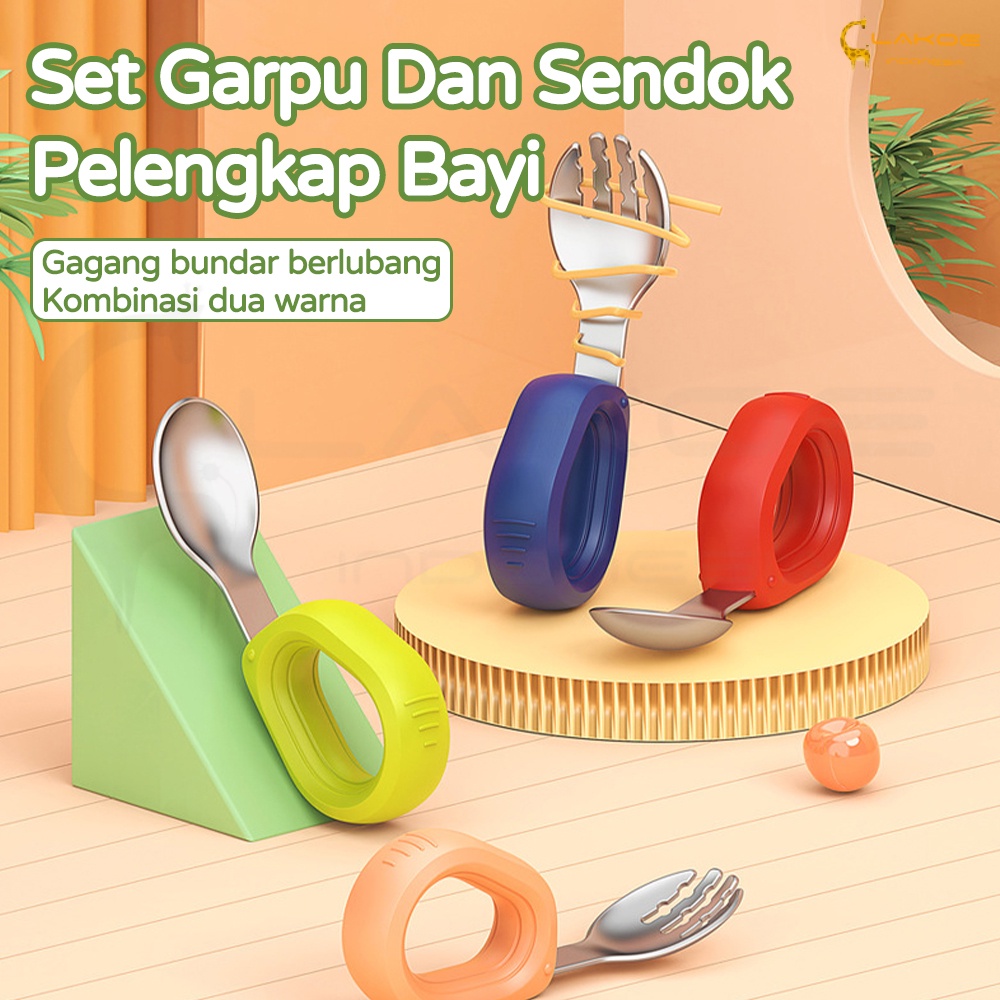 Lakoe Sendok Garpu set Anak Stainless Steel/Training Baby Spoon/ Sendok Belajar Makan Bayi dan kotak