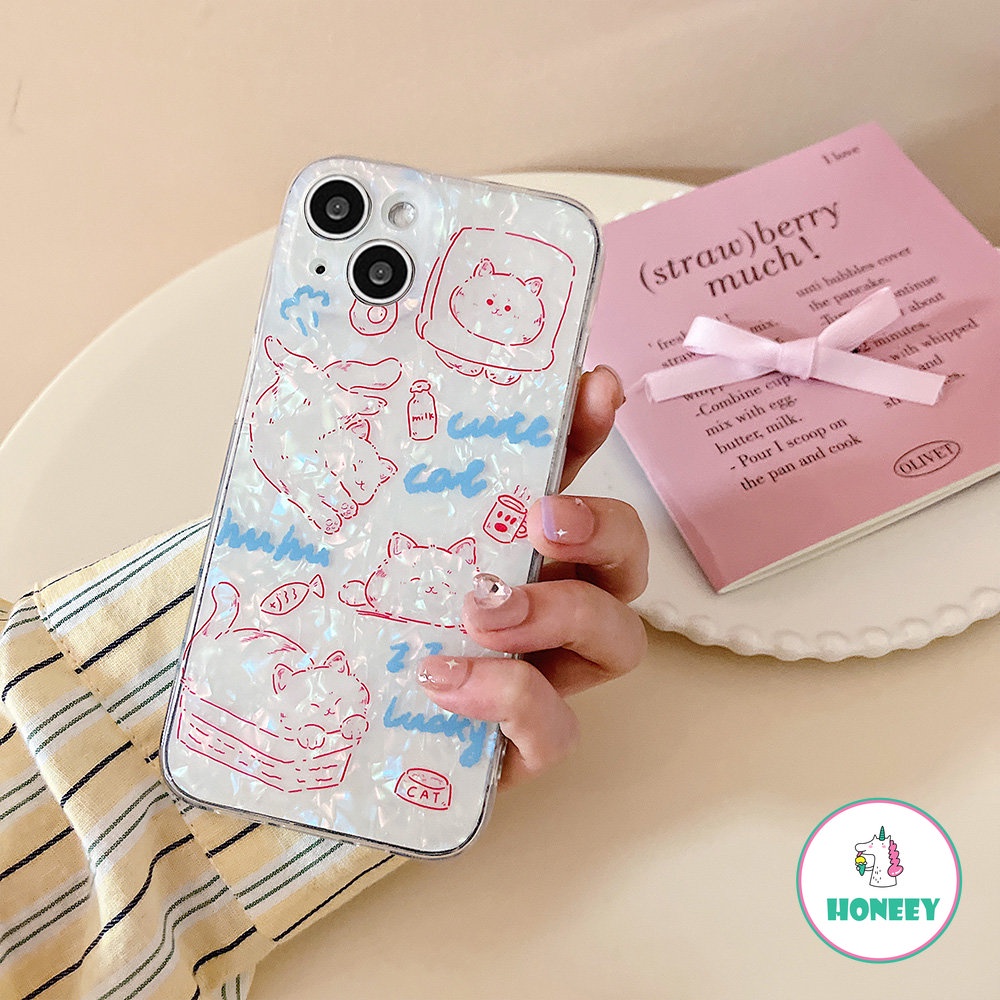 IPHONE Casing Ponsel Kucing Motif Shell Pink Mengkilap Yang Indah Kompatibel Untuk Iphone14 14Pro 11 12ProMax 12Pro 12 13ProMax Shockproof Back Cover