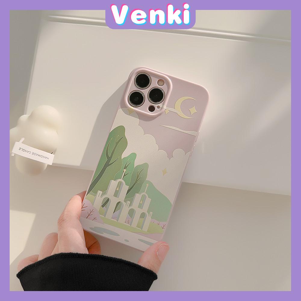 VENKI - Untuk iPhone 11 Case Film TPU Case Cream Glossy Perlindungan Kamera Minimalis Minyak Lukisan Gereja Kompatibel dengan iPhone 14 13 Pro Max iPhone 12 Pro Max XR XS 7Plus 8Plus