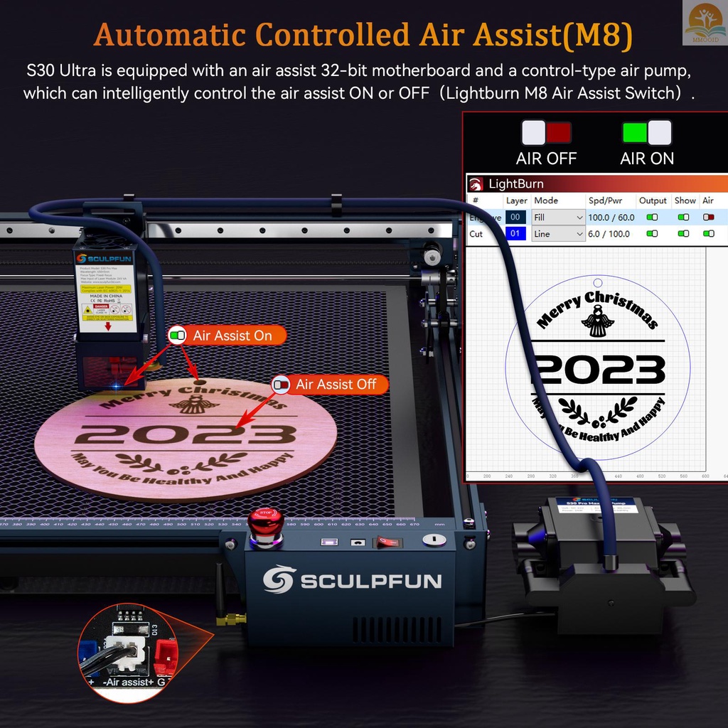 In Stock SCULPFUN S30 Ultra-11W Mesin Ukir Laser 600x600mm Area Ukiran Alat Udara Otomatis Lensa Yang Dapat Diganti Pelindung Mata Termasuk Laser Repair Kit Air Assist M8 Main B