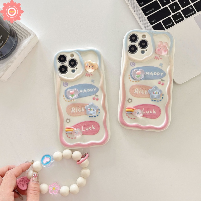 IPHONE 3d Boneka Lucu Beruang Manik-Manik Gelang Ponsel Case Kompatibel Untuk Iphone11 14 13 12 Pro Max 7Plus 78 Plus XR 6 6s X XS Max SE Kartun Yang Indah 3D Tepi Melengkung Bergelombang Lembut Mengkilap Cover