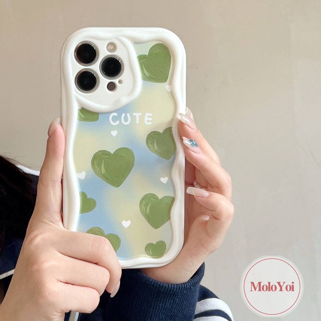 Oil Paint Green Love Heart Case Compatible For iPhone 7Plus XR XS X Max 11 13 12 14 Pro Max 6 7 8 6s Plus SE 2020 3D Wavy Curved Edge Bead Flower Hand Strap Bracelet Phone Cover